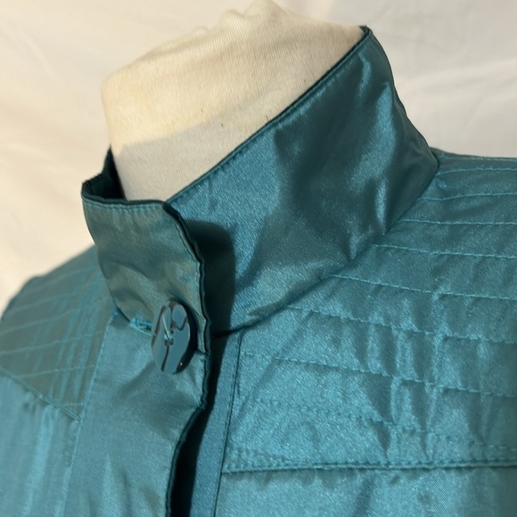 Vintage Trenchcoat Women L Turquoise Metallics Shimmer with Pockets Button Down - Picture 6 of 17